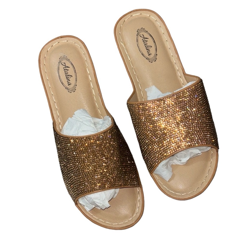 Atalina Rhinestone Champagne Color Platform Sandals, Size 6
